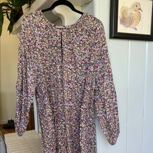 H&M Pink and Blue Tie Front Midi Dress with Bishop Sleeves